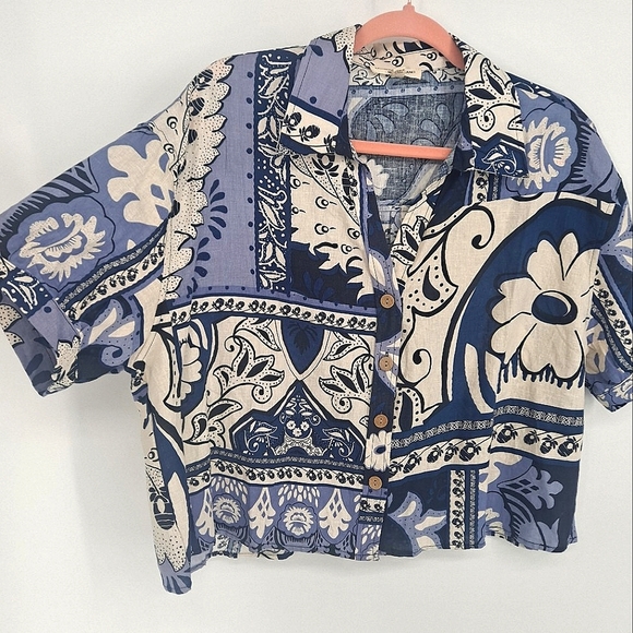 Christian Siriano Linen Blend Cropped Button Down Large - Picture 7 of 10